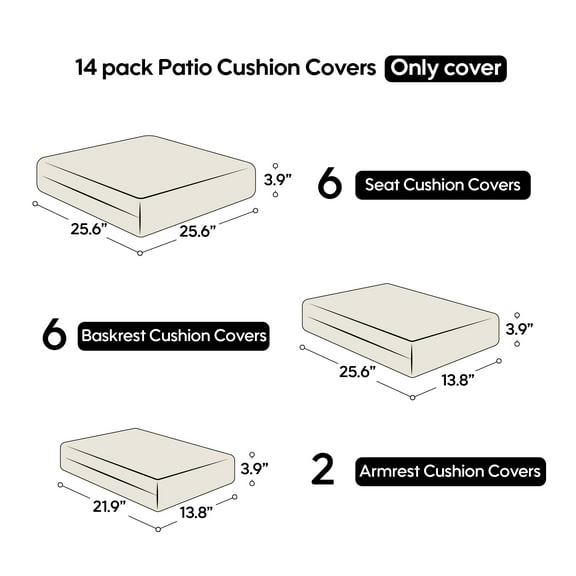 Cushion Covers for 7 Pcs (6-Seaters) Wicker Rattan Sectional Sofa, 14Pack Cushion Slipcovers Set Seat and Back,Outdoor Cushion Slipcover with Zipper, (Only Cover) Beige
