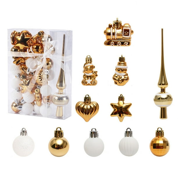 Kearding Paquete de 34 bolas de Navidad colgantes decorativos vacaciones Navidad colgante pared interior fotografía Fondo decoración Kits de decoración para fiestas Oro blanco