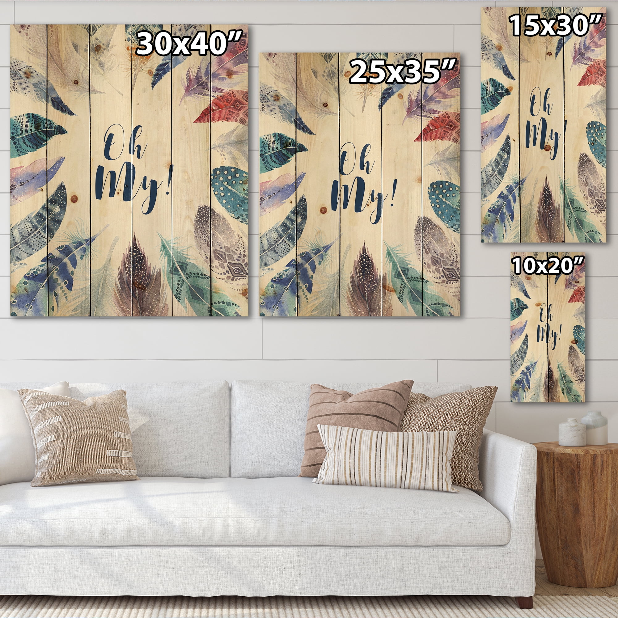 Designart 'Vital Blue Feathers Oh My' Bohemian & Eclectic Print on Natural Pine Wood