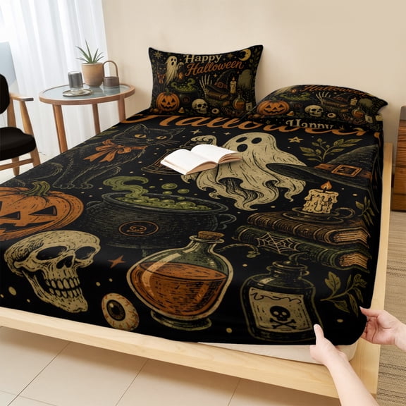 Cal.King Size Fitted Sheet Set - Halloween 3 Piece Bedding Sets 16" Deep Pocket Fitted Sheet with 2 Pillowcases, Retro Ghost Pumpkin Skull Black Cats Autumn Brushed Microfiber Hotel Luxury Bed Sheets