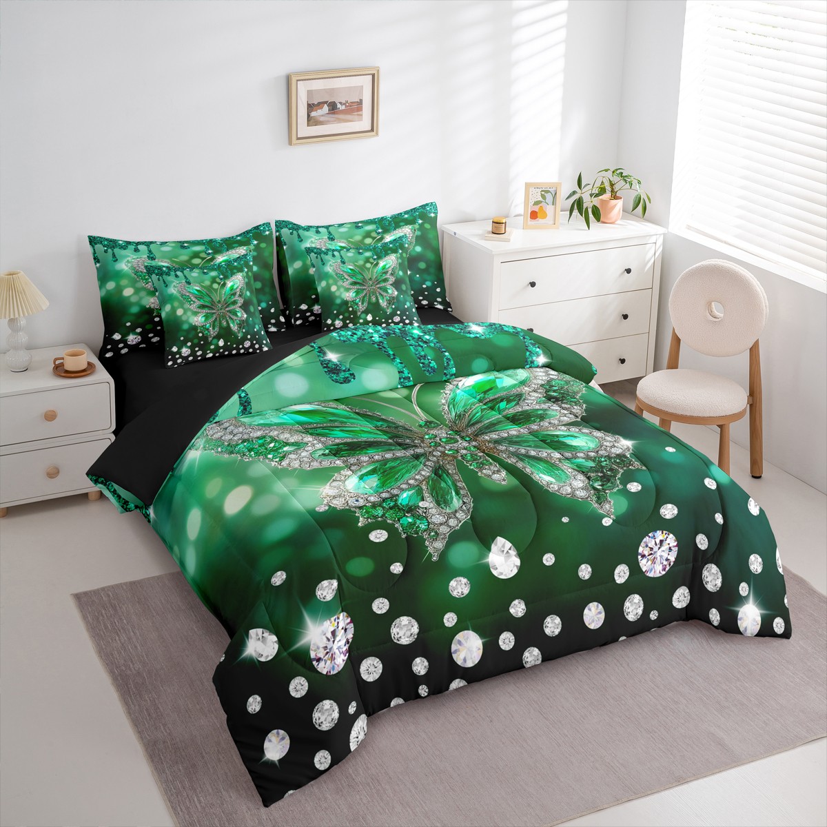 jejeloiu Chic Butterfly 7 Pieces Bedding Comforter Set,Diamond Moth Full Bedding Set,Green Sliver Fitted Sheet Flat Sheet For Girls Kids,Luxury Bedroom Decor Reversible