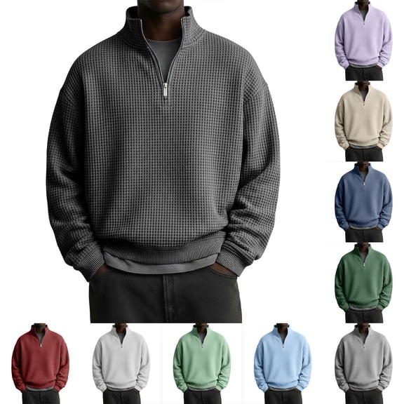 Blekii Men's Fleece Lined Quarter Zip Sweatshirt, Thickened Stand Collar Pullover Top, Solid Color Warm Layer for Winter, Soft Plush Interior, Casual Sporty Design, Ideal for Cold