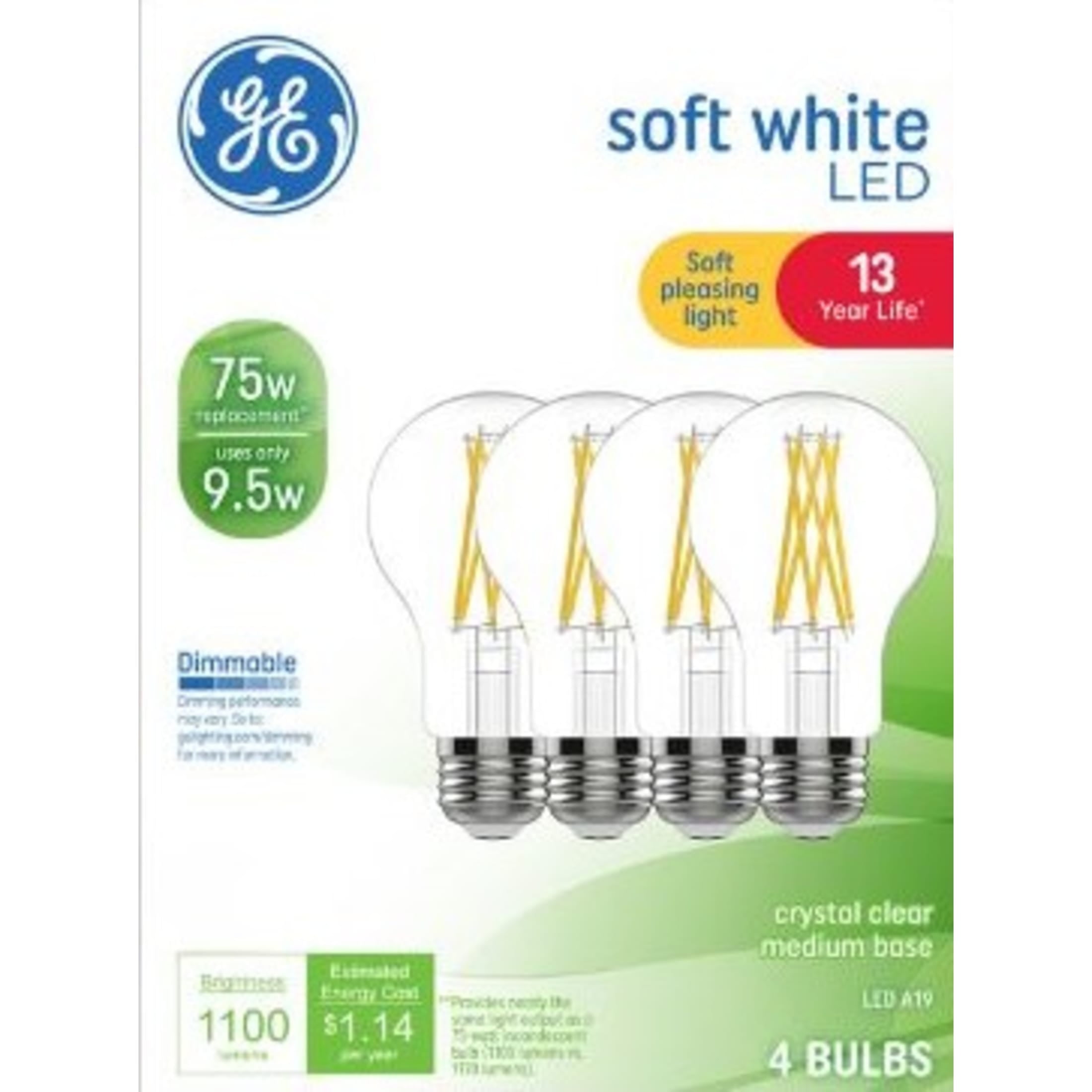 (2 pack) GE LED Light Bulbs, 75 Watt, Soft White, A19 Bulbs, Medium Base, Clear Finish, 13yr, 4pk