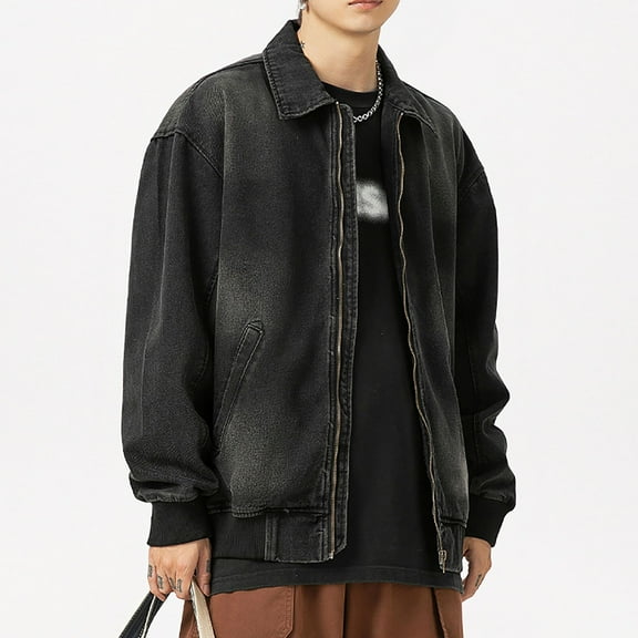 QUNYINEY Denim Mens Jean Jacket Zip up Solid Long Sleeve Black Motorcycle Jacket Loose with Pocket Vintage Outerwear Jackets