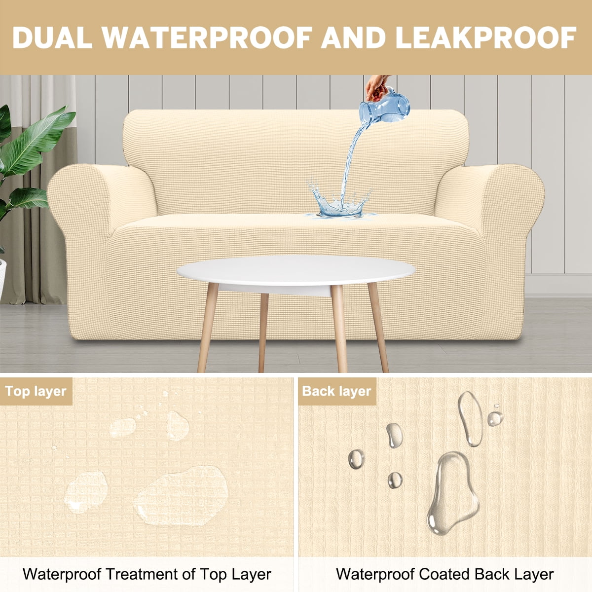 Sanmadrola 100% Waterproof Sofa Cover Non Slip Couch Cover Stretch Slipcover Leakproof Couch Protector for Kids Dogs Cats Pets, Beige, Oversized Sofa