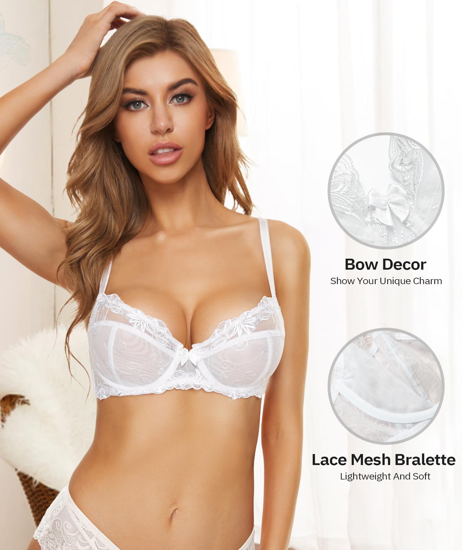 Wingslove Women's Push Up Bra Sexy Lace Balconette Plus Size Full Cup Unpadded Underwire See Through Bra,White 34DD