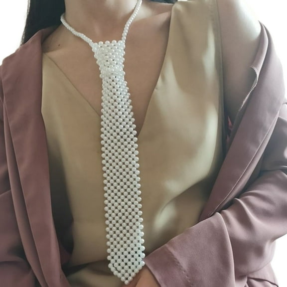 Women Hollow Out Woven Imitation Pearl Necktie Necklace Retro Weaving Beaded Vintage Jewelry Choker Shirt Tie Collar