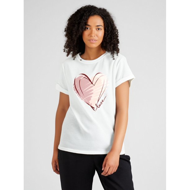 Women Heart Print Round Neck Short Sleeve T-Shirt Graphic Tees Women Tops