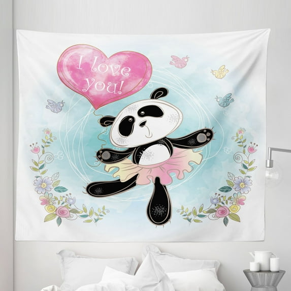 Dancing Bears Tapestry, Shape of Heart Balloon Ballerina Panda Birds and Flowers Cartoon, Fabric Wall Hanging Decor for Bedroom Living Room Dorm, 5 Sizes, Pale Blue Multicolor, by Ambesonne