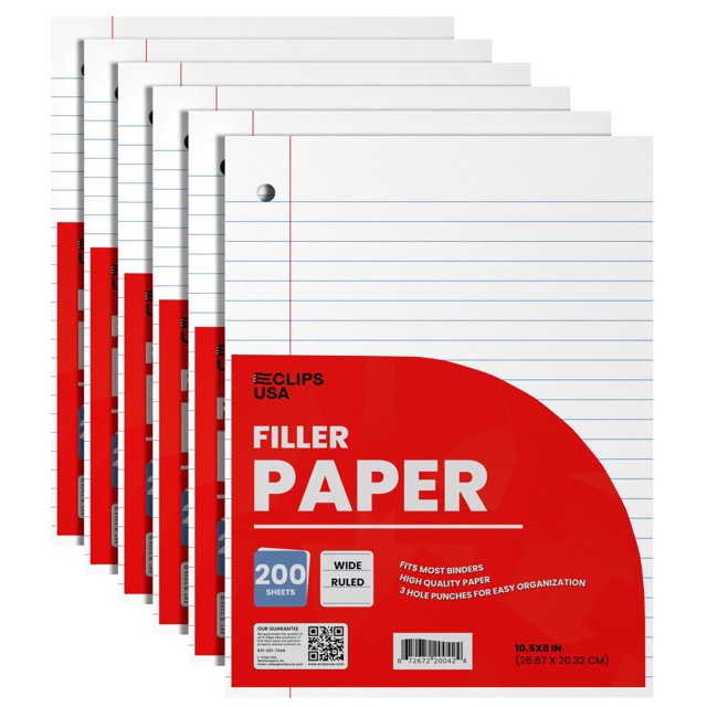 Notebook Paper, Loose Leaf Paper (6 Pack), Wide Ruled Paper, 10.5? x 8?, Filler Paper, 200 Sheets Per Pack, 60 gsm (6 Pack)