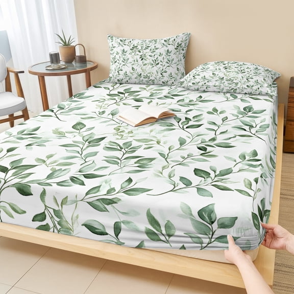 Twin Sze Fitted Sheet Set - Sage Green Leaf 2 Piece Bedding Sets 16" Deep Pocket Fitted Sheet with 1 Pillowcase, Country Eucalyptus Nature Plant Branch Brushed Microfiber Hotel Luxury Bed Sheets