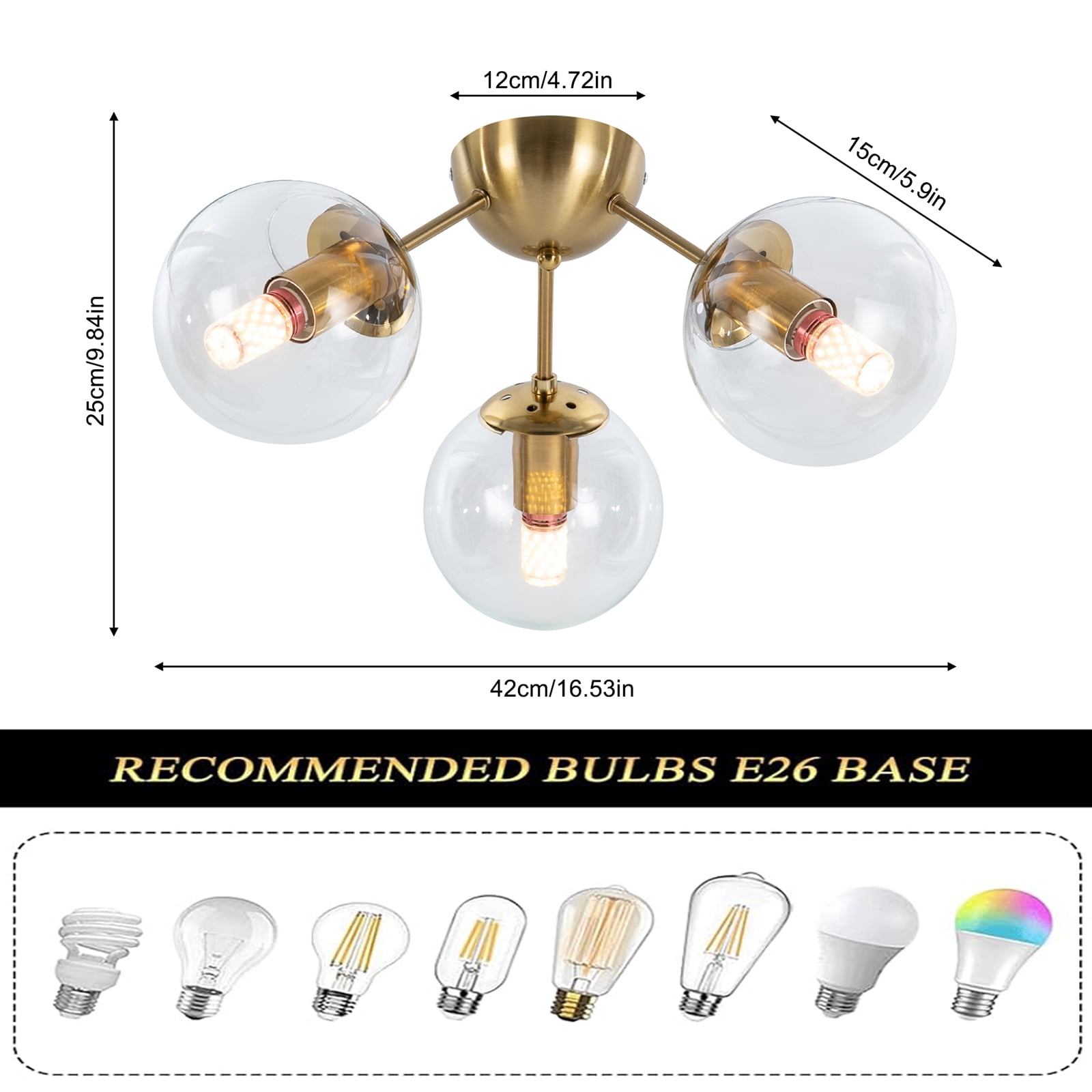 Wildnix Modern Gold Ceiling Light with Glass Lampshades, Adjustable Lighting Colors, and 60W Bulb Capacity for Living Room, Bedroom, and Hallway