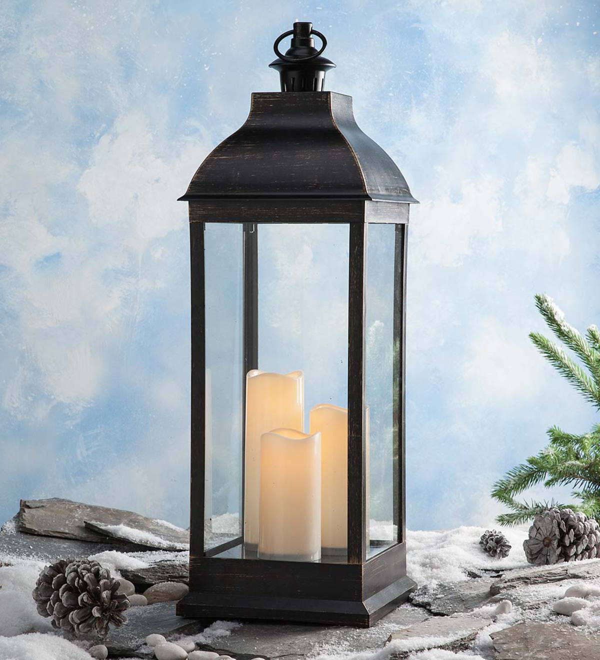 Tall Indoor/Outdoor Lantern with LED Candles and Remote ...
