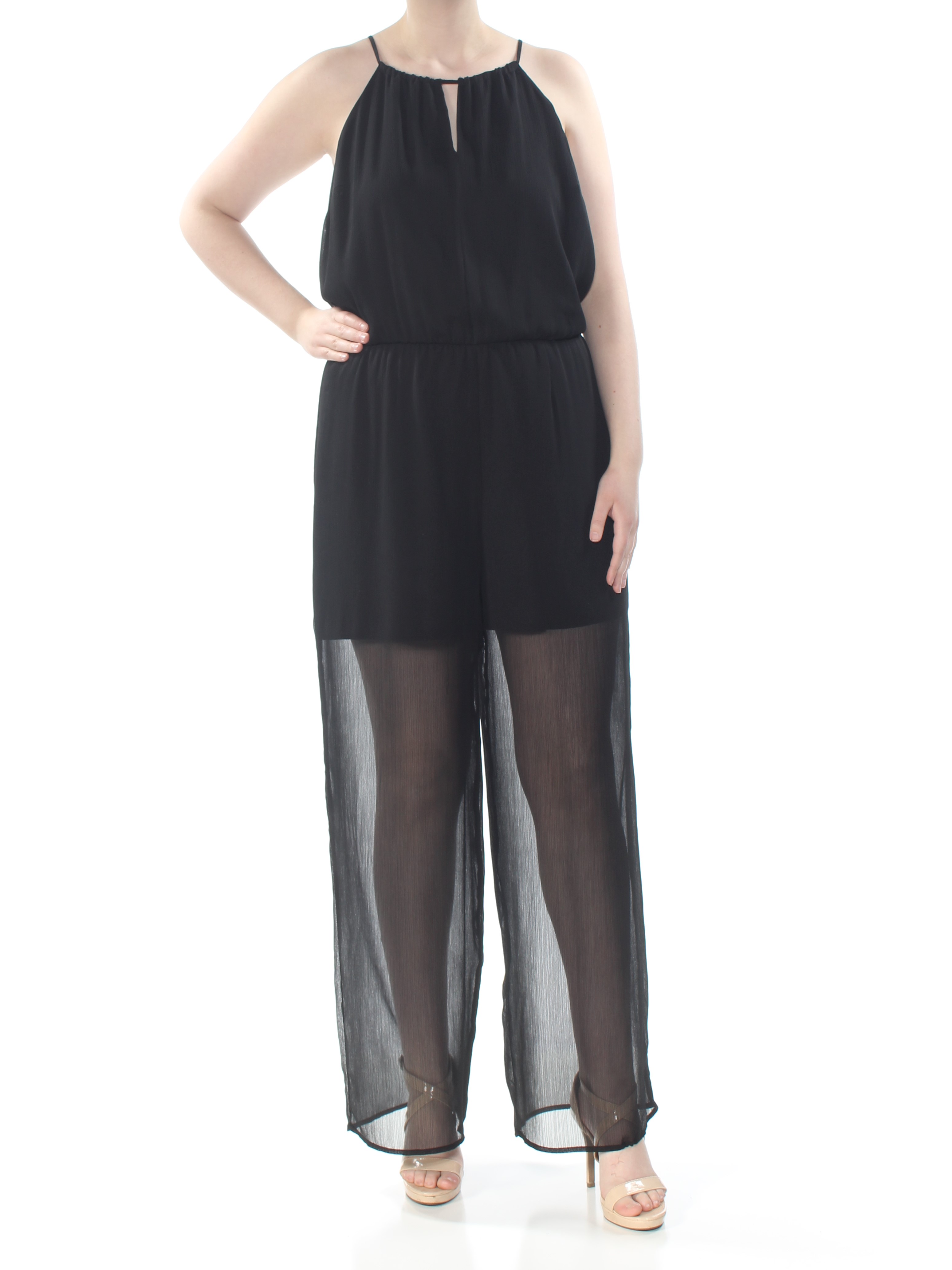 Bar III BAR III Womens Black Halter Keyhole Wide Leg Evening Jumpsuit