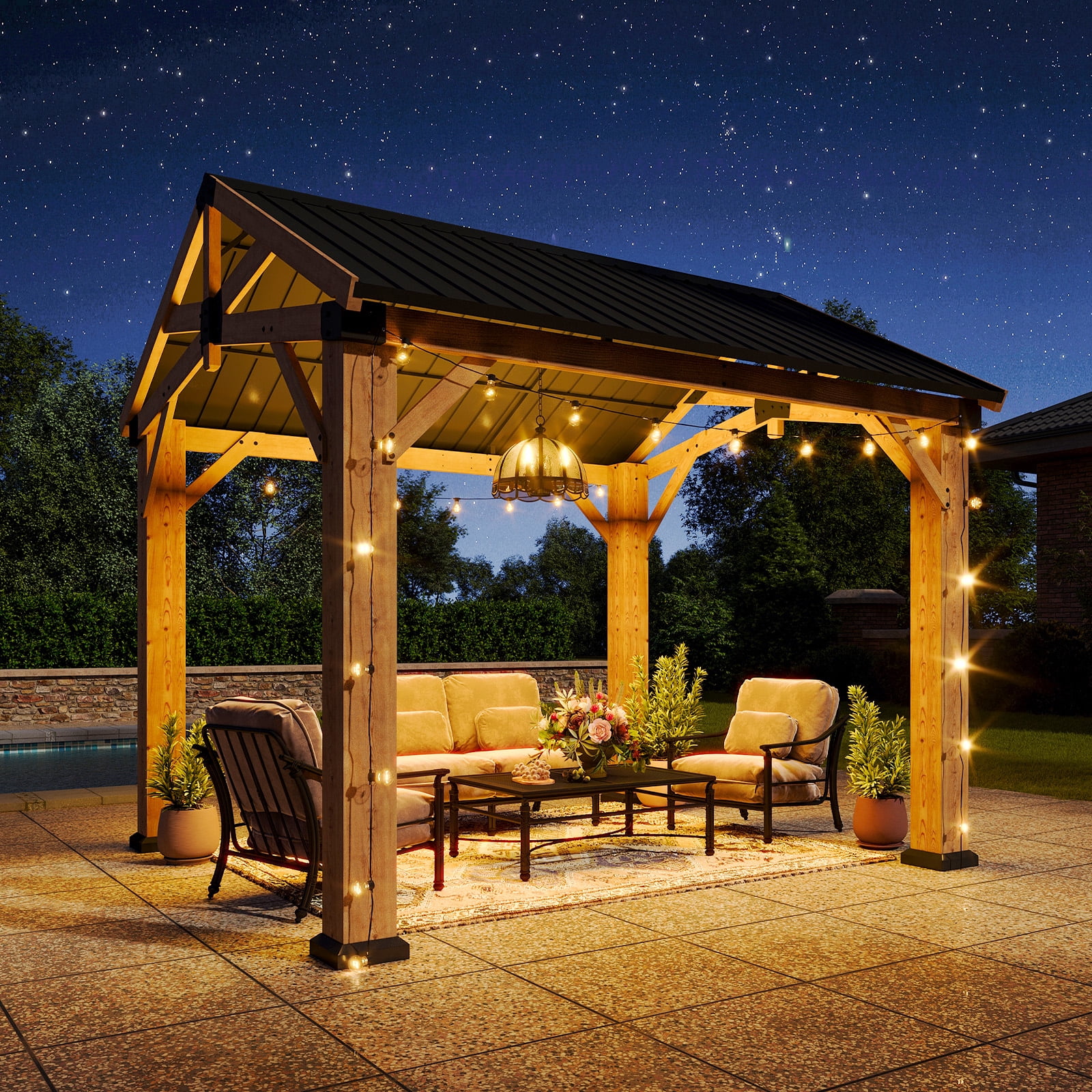 Dateyes 10' x 10' Outdoor Wood Gazebo, Hardtop Gazebo Permanent Wooden Pavilion with Galvanized Steel Gable Roof, for Patio, Garden, Backyard, Cedar Wood