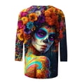 thumbnail image 4 of Xdegoge Womens 3/4 Sleeve Tops Casual Crewneck Day Of The Dead Sugar Skull Print Loose Fit Tees for Halloween Festival Holiday Everyday Wear, 4 of 5