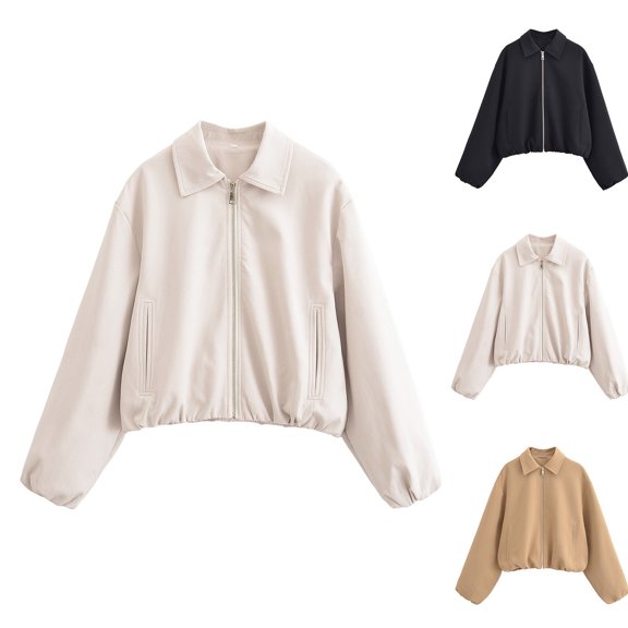 Smsaxvxz Women’s Cropped Bomber Jacket Casual Long Sleeve Zip Up Loose Streetwear Outerwear with Pockets Beige M