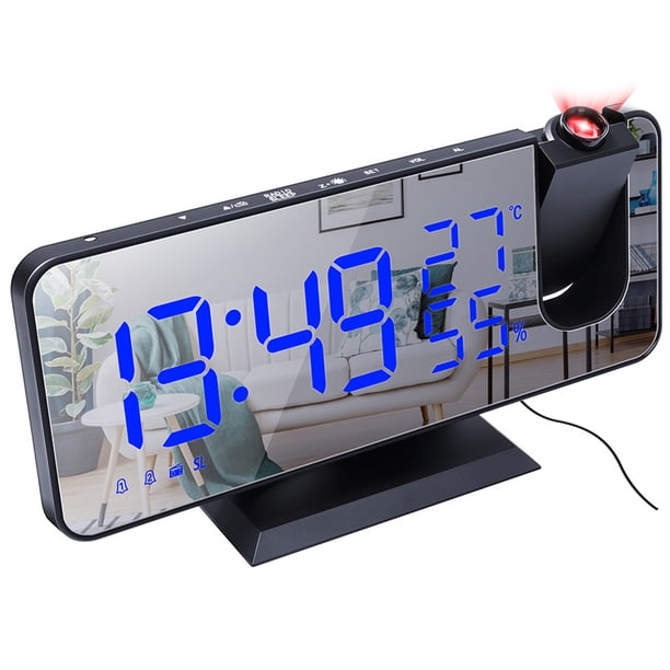 Reloj despertador digital LED con proyector digital, radio y espejo ajustable.