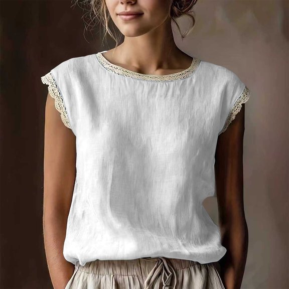 Women's Classic Loose Fit Sleeveless Lace Blouse with Round Neck for Everyday and Travel, White, XL