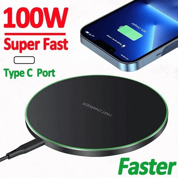 100W Fast Wireless Charger, Ultra Thin Wireless Charging Pad with Type-C Port, Wireless Phone Charger Compatible with iPhone, Samsung, AirPods, All Qi Enabled Devices