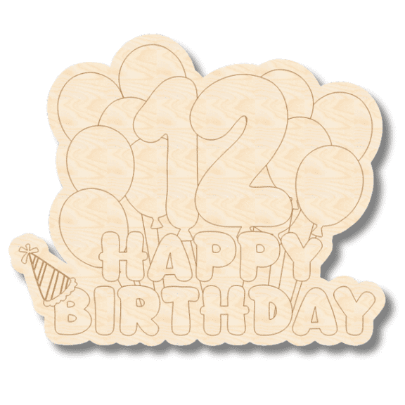 Unfinished Wood Etched 12th Birthday Balloons Shape | Paint By Line Crafts 30" / 1/4"