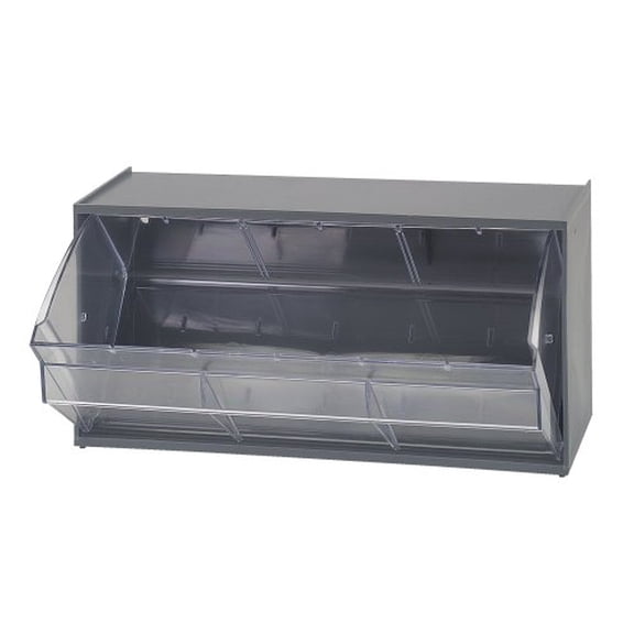 Dividable Tip Out Bin, (2) compartment, 23-5/8"W x 5-1/4"D x 5-15/16"H, handle with label slot, opens to a 45 angle, plastic clear container, polystyrene gray cabinet, Made in USA