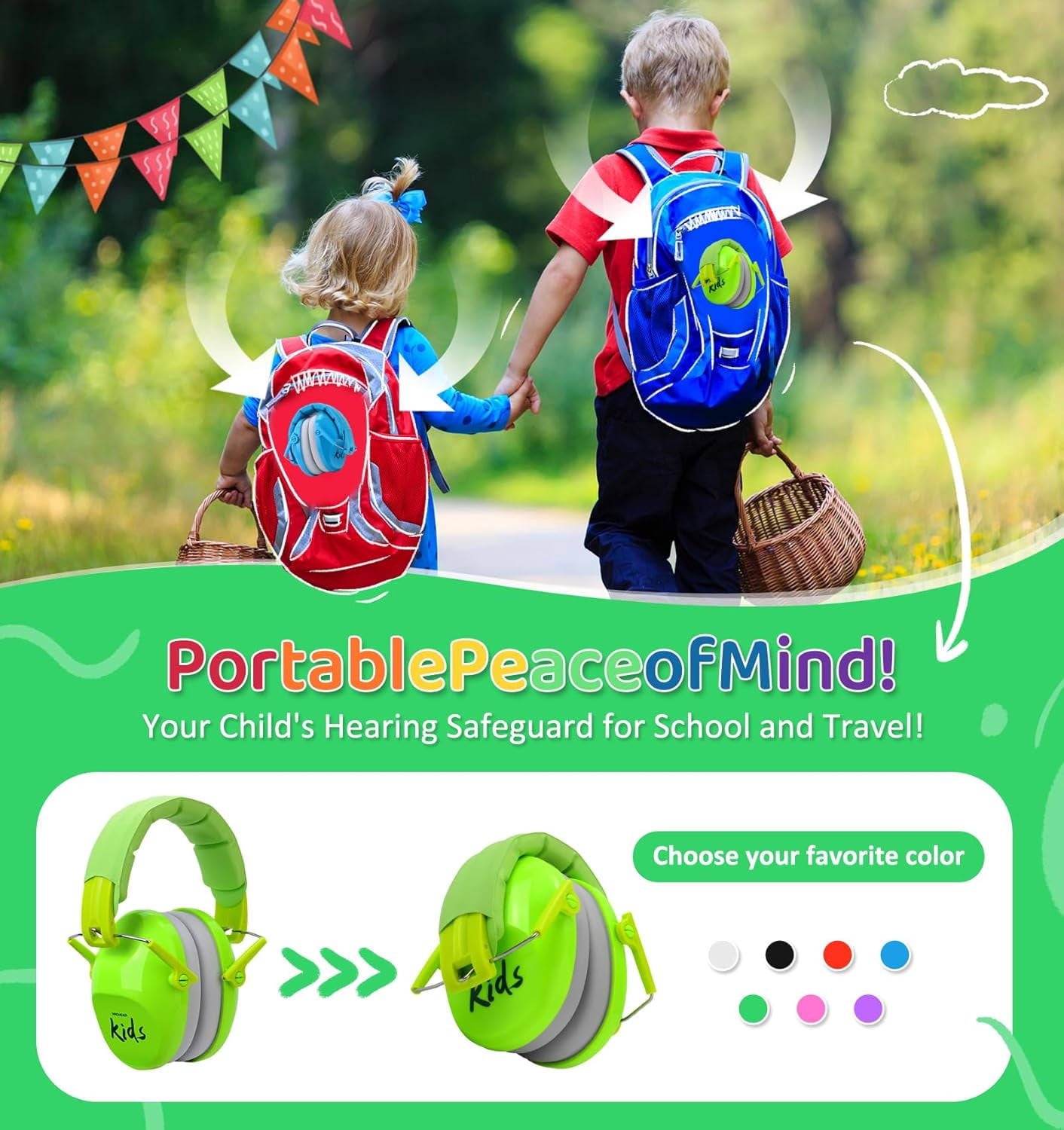 PROHEAR 032 2.0 Kids Noise Cancelling Headphones with Adjustable Headband - 25dB NRR Autism Ear Protection for Child at Mowing Studying Sleeping Racing - Green and Blue, 2 Pack