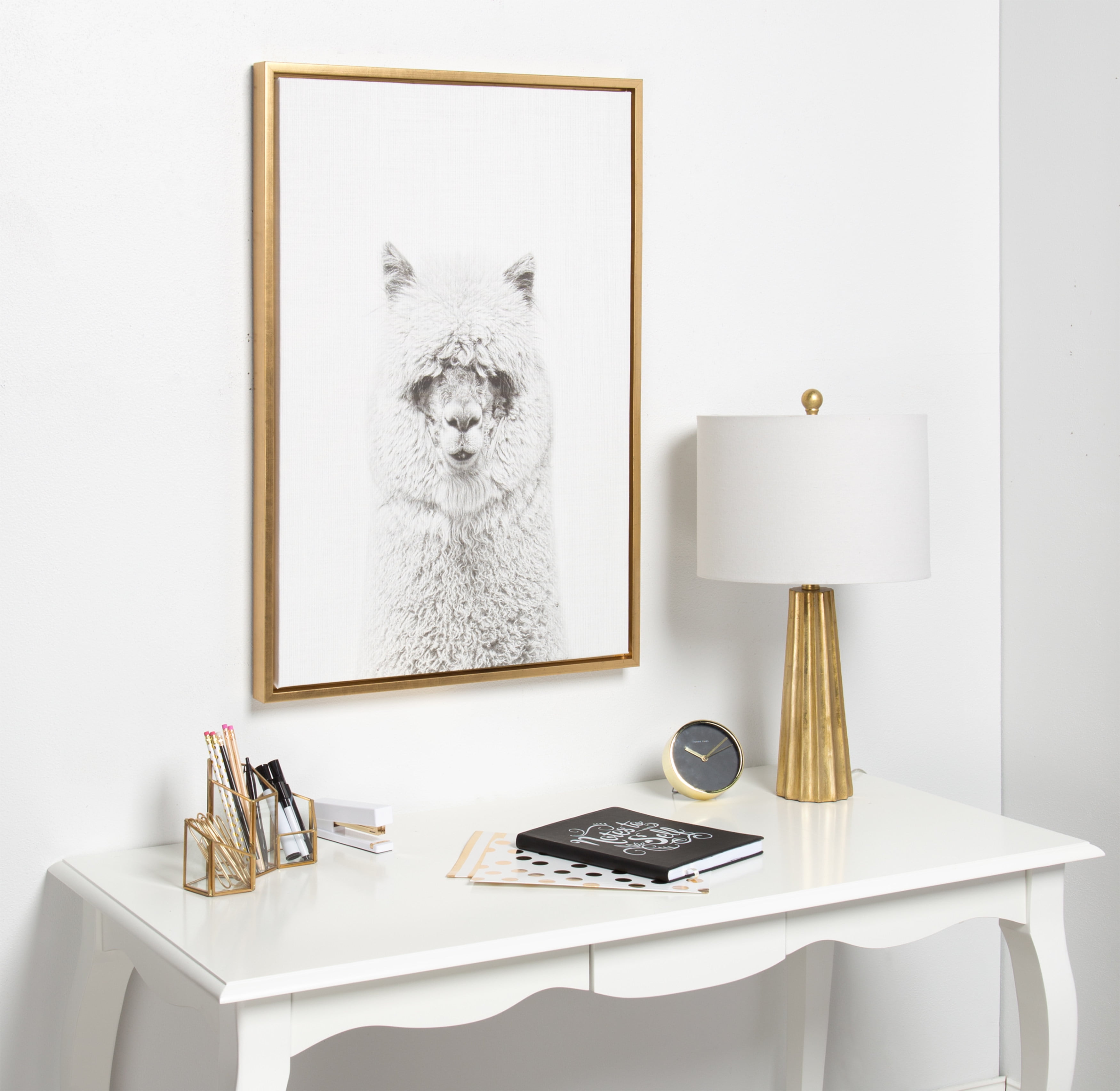 Kate and Laurel Sylvie Hairy Alpaca Black and White Portrait Framed Canvas Wall Art by Simon Te Tai, 23x33 Gold