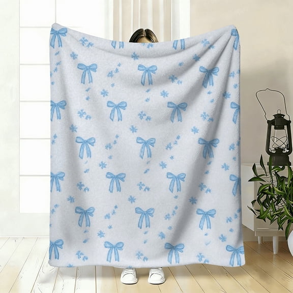 Light Blue White Coquette Aesthetic Flannel Throw Blanket with Cute Bow Pattern - Soft Cozy All-Season Bedspread for Couch, Sofa, Bed.