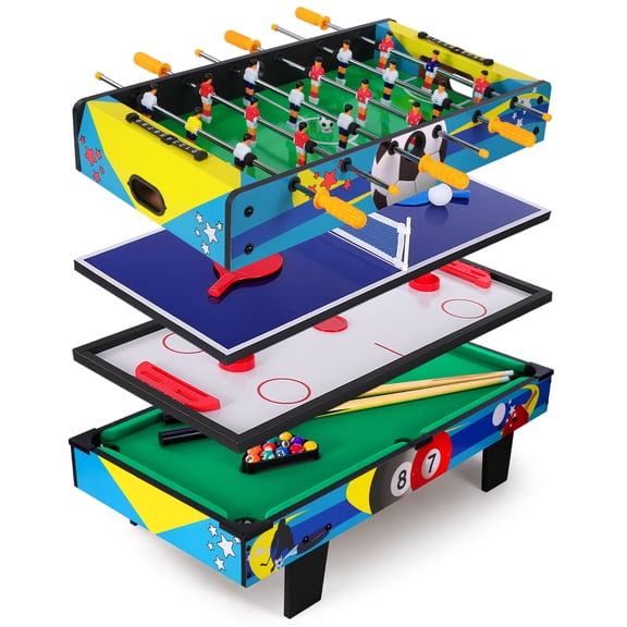 4-in-1 Combo Game Table with Air Hockey, Foosball, Billiards & Table Tennis - Multi Functional Arcade Game Table for Family Entertainment