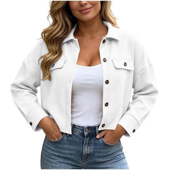 Cmfcve Cropped Shirt Jacket for Women Waffle Knit Button Down Jacket Collared Long Sleeve Relaxed Fit Casual Fall Outer Top