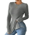 thumbnail image 2 of ClodeEU Womens Striped Long Sleeve Shirt ,Round Neck Side Slit Hem Slim Fit Knit Tops Black,Womens Plus XXL, 2 of 8