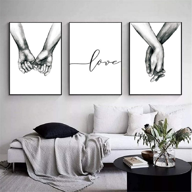 Love and Hand in Hand Wall Art Canvas Print Poster Black and White Sketch Art Line Drawing Decor for Living Room Bedroom (Set of 3 Unframed, 8x10