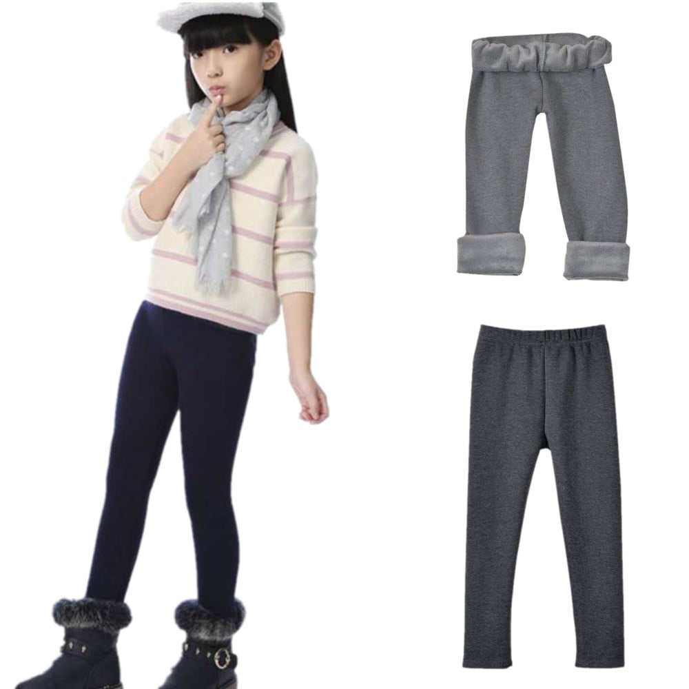 Esho 213Y Girls Winter Warm Thicken Fleece Leggings Kids Solid Color