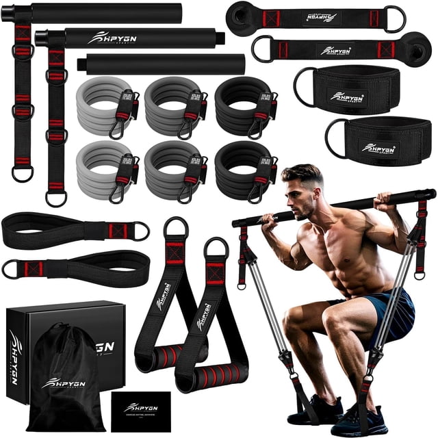 Kit de Barre de Pilates Robuste avec Bandes de Résistance, Équipement d'Entraînement Multifonctionnel pour la Musculation, Hanches, Dos, Bras, Gym à Domicile Portable et Équipement de Voyage pour Hommes