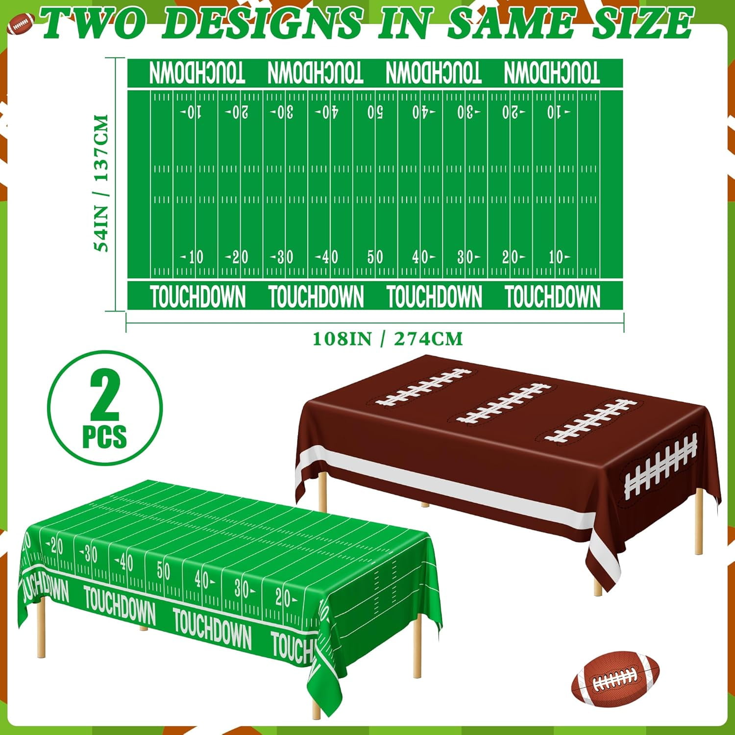 Football Party Decorations 2026, Disposable Football Tablecloth, 2 PCS Brown Green Decoration Runner, Game Day Theme Table Cloth, Plastic Table Cover for Game Day Touchdown Party Supplies