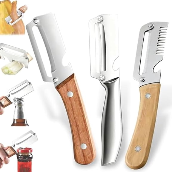 Multifunctional Vegetable Peeler With Wooden Handle, 3 In 1 Stainless Steel Sharp Knife For Fruit And Hard Skinned Produce, Kitchen Tool With Bottle Opener (3pcs)