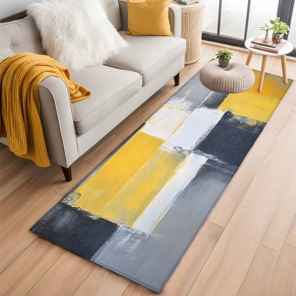 2'x6' Rug Runners for Hallways Kitchen, Yellow Gray Non Slip Entryway Beside Floor Carpet Runner, Modern Abstract Oil Painted Washable Laundry Room Bedroom Throw Rugs Mat for Family Pet