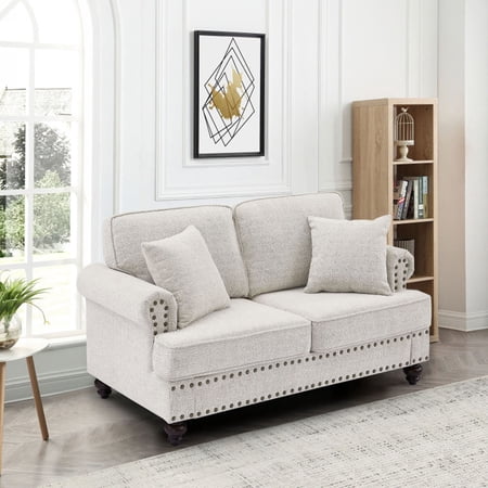 Muumblus Mid-Century Loveseat Sofa, 2 Seater Sofa with Nailhead, 61" Chenille Upholstered Couches for Living Room, White