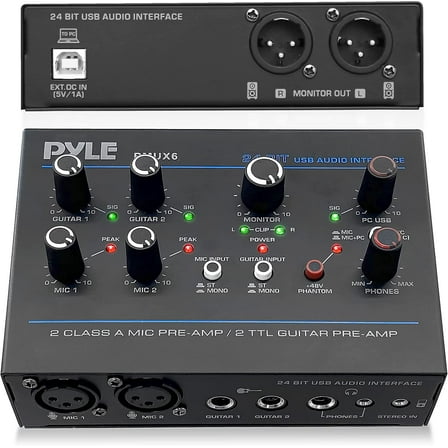Professional USB Audio Interface with MIC/LINE, Guitar, AUX Stereo and RCA Inputs, Phone/Stereo/Monitor Outputs