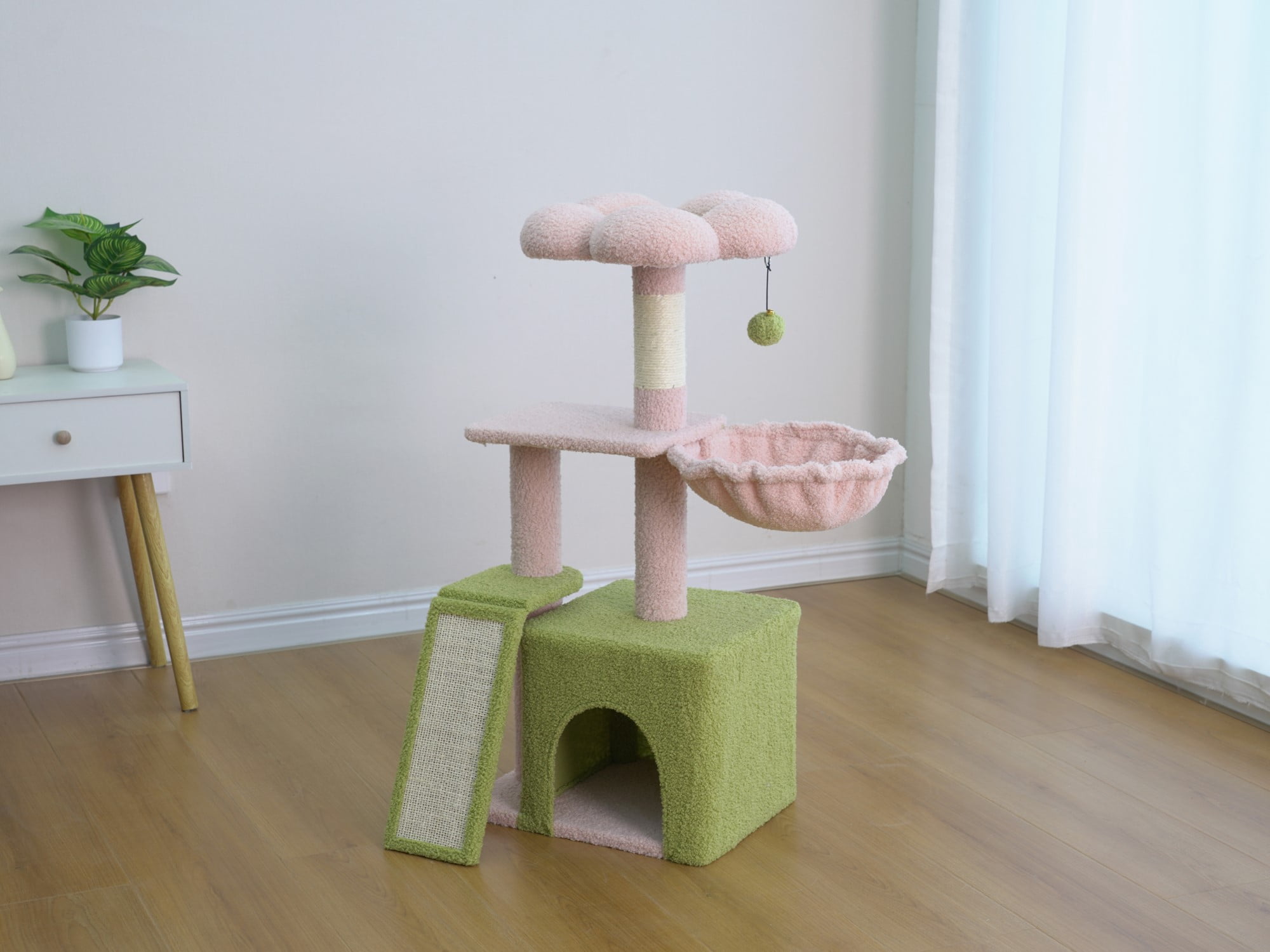 Vibrant Life Medium 4-Level 35" Flower Cat Tree with Condo and Hammock, Pink and Green