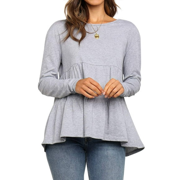 Women Round Neck Peplum Long Sleeve Pleated Baby Doll Shirt