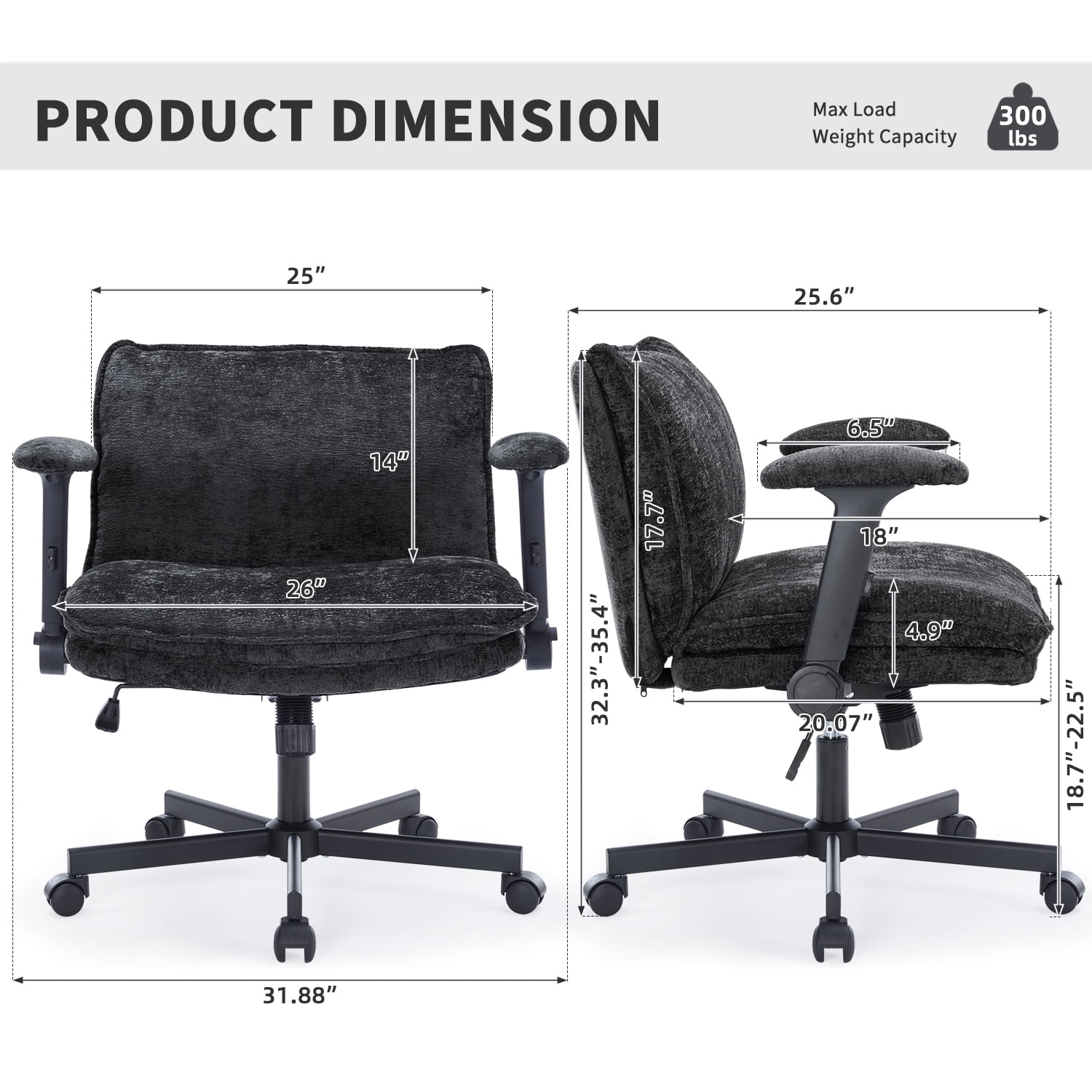 Criss Cross Chair with Wheels and Adjustable Flip-Arms, Cross Legged Office Chair with Thick Cushion, Wide Makeup Vanity Chair, Comfy Swivel Desk Chair for Home Office, Apartment, Bedroom, Black