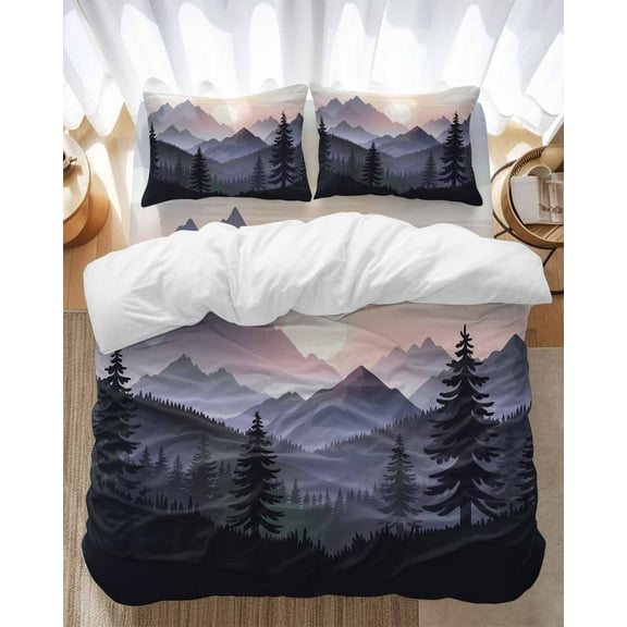 Sunrise Mountain Bedding Duvet Cover Set King Size 4 Pieces Black Forest Tree Nature Landscape Bedding Set with Zipper Closure, 1 Comforter Cover 92x106 Inches 1 Flat Sheet & 2 Pillow Cases
