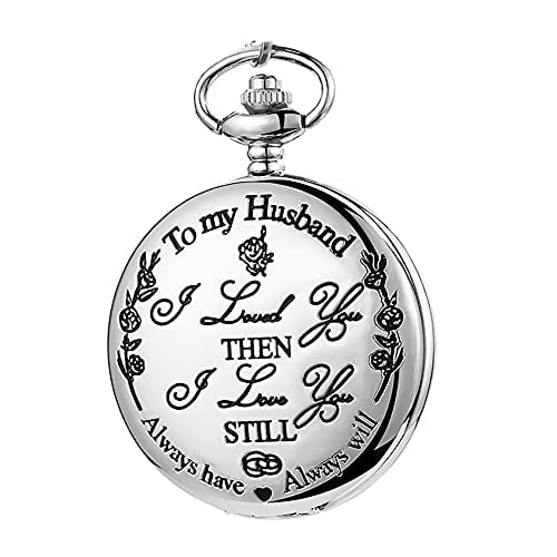 Montre de Poche Gravée pour Mon Mari Analogique Quartz Chaîne Pendentifs Cadeau de Noël pour Garçons Hommes (Husband-Argent)