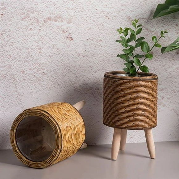 Macetas de Estante de Flores Tejidas de RatáN de ImitacióN Vintage, Cesta de Almacenamiento Hecha una Mano con Patas de Madera, Soporte para Maceta, B