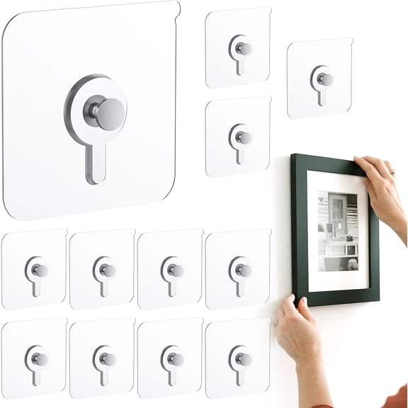 12 Pcs Picture Hangers without Nails - 20 lbs Load Heavy Duty Self-Adhesive Hanging Hooks, Waterproof Adhesive Picture Hooks for Bathroom Kitchen, Transparent Sticky Hooks for Frames