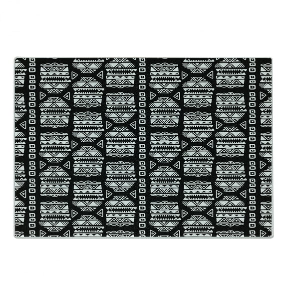 Aztec Cutting Board, Doodle Illustration of Traditional Triangles Squares Strokes and Zigzags, Decorative Tempered Glass Cutting and Serving Board, in 3 Sizes, by Ambesonne