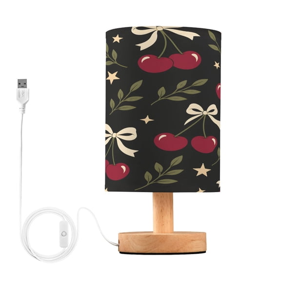 Black Background Cherry Table Lamp, Fully Dimmable Nightstand Lamp with USB and Linen Fabric Shade, Modern Gifts for Bedroom, Living Room, Office