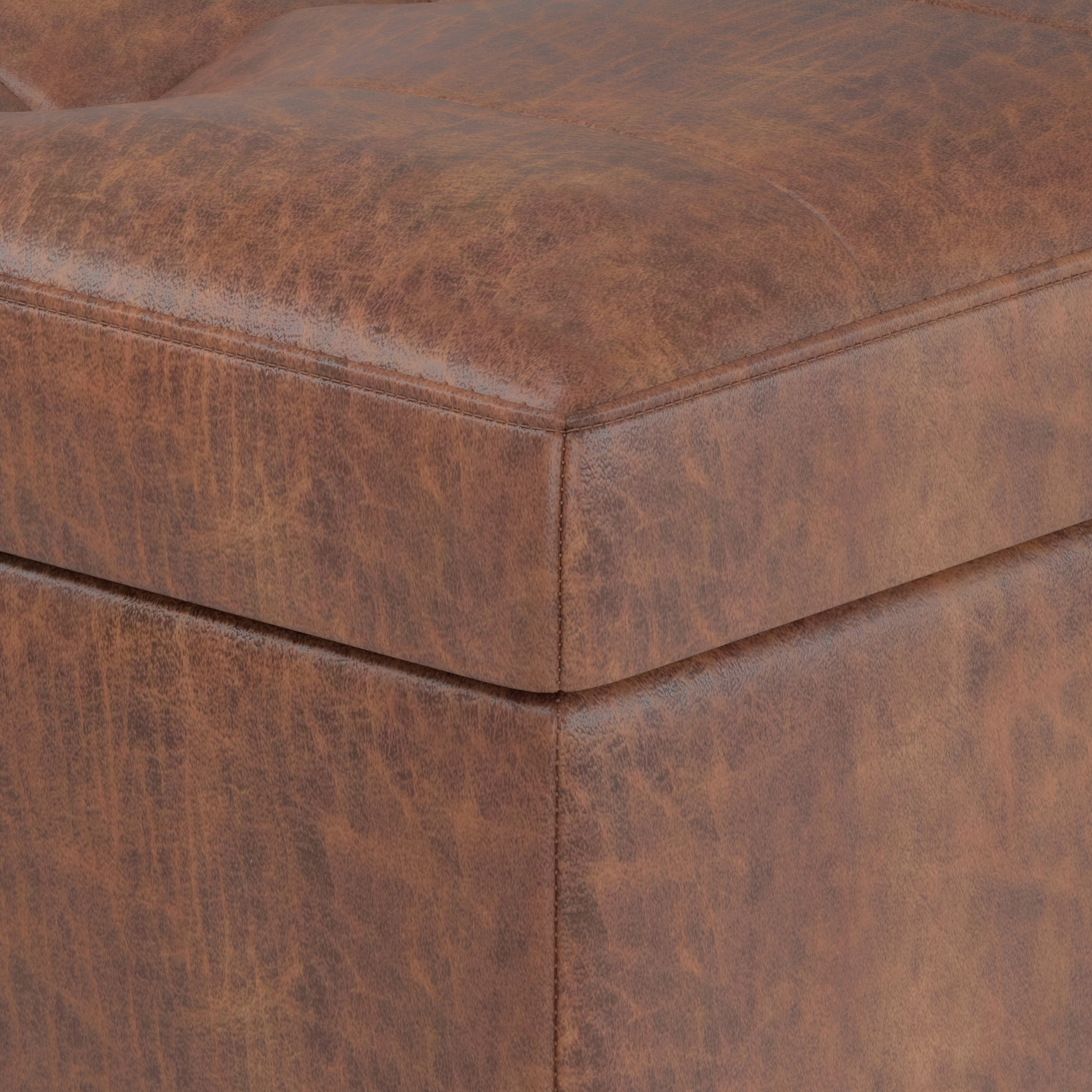 Shay 48 inch Wide Mid-Century Rectangular Storage Ottoman in Distressed Saddle Brown Vegan Leather